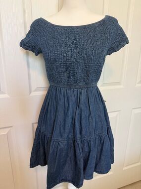 Y2K Boho Denim Flutter Sleeve Tiered Mini Dress with smocked waist & scoop neck